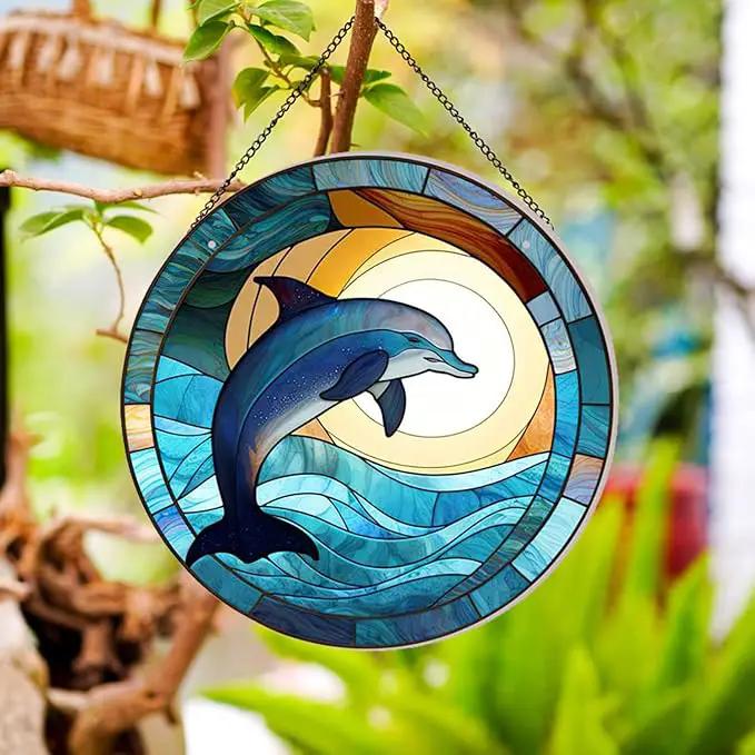 Dolphin Pattern Suncatcher Stained Glass,Hanging Stained Glass for Windows,20cm/7.87inch Hand-Painted Sun Catcher Garden Hangings Painted Glass Panel Decor Themed Gift by GreenHaven Gardens