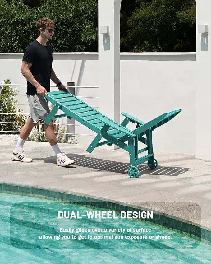 Lounge Chair Outdoor Set of 2, HDPE Chaise Lounge Chair Outdoor with 6-Position & Wheels &Cup Holder, Pool Lounge Chair for Pool Poolside Deck Backyard Patio, Lake Blue by GreenHaven Gardens