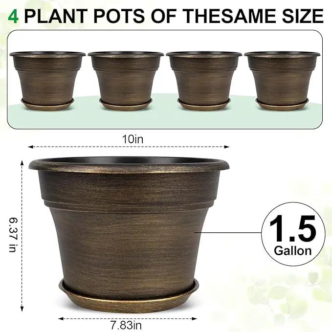 Plant Planters Pots Set of 4 Pack 10 Inch, Plastic Flower Pot for Indoor Plants with Drainage Holes & Trays, Resin Decorative Container Sets with Saucer for House Outdoor Garden Planters Dark Gold by GreenHaven Gardens