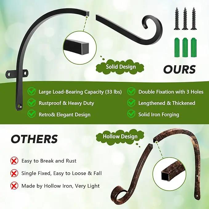 HOOPLE Plant Hangers Outdoor Heavy Duty 2 Pack, Extra Long 12 Inch Cast Iron Hanging Plant Bracket, Metal Black Plant Brackets Hook for Hanging Flower Baskets, Hanging Bracket, Elegant Design by GreenHaven Gardens