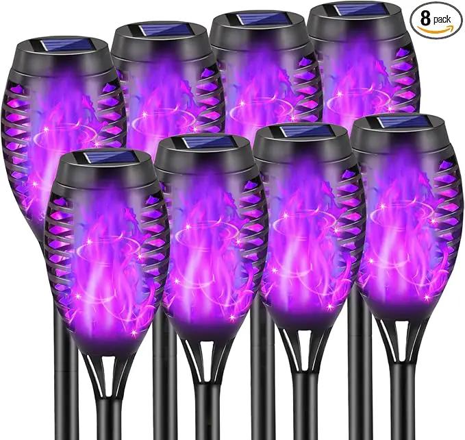 Purple Solar Lights Outdoor, 8 Pack Solar Flicker Flame Torch Lights Waterproof 12 LED Mini Tiki Torch Lights for Outside Landscape Garden Pathway Dusk to Dawn Auto On/Off by GreenHaven Gardens