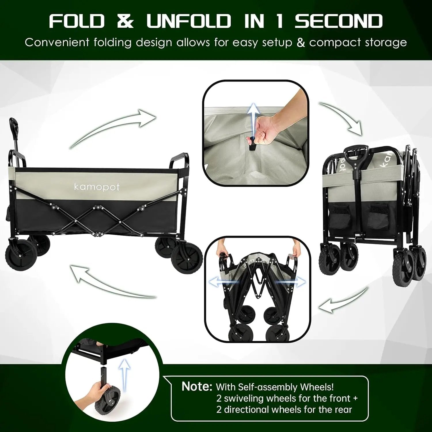 Large Collapsible Wagon Foldable for Grocery, Beach, Park, Yard, 34 x 18 Inch Inner Storage. Folding Utility Shopping Cart on Wheels. Heavy Duty, Durable w/Cupholders (Black-Gray) by GreenHaven Gardens