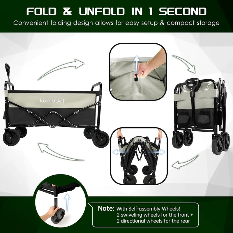 Large Collapsible Wagon Foldable for Grocery, Beach, Park, Yard, 34 x 18 Inch Inner Storage. Folding Utility Shopping Cart on Wheels. Heavy Duty, Durable w/Cupholders (Black-Gray) by GreenHaven Gardens