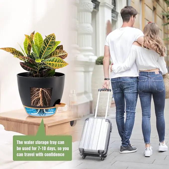10/9/8 inch Self Watering Pots, Set of 3 Plastic Planters with Mesh Drainage Holes and Deep Reservoir for Indoor Outdoor Garden Plants and Flowers, Black with Brown by GreenHaven Gardens