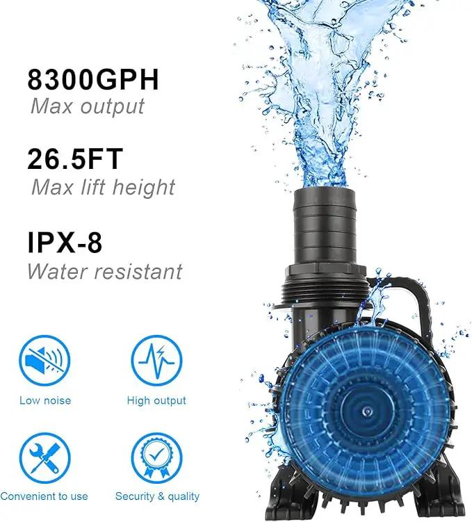 Outdoor Large 8300gph-520W 32.8FT Pond Water-fall & Kio Fish Fountain-s &Garden Pump Submersible IPX8: Long 32.8FT Cord Smart-er & Quieter Duck & Yard &Patio Ponds Pumps, 1 Barrier Pump Bag by GreenHaven Gardens