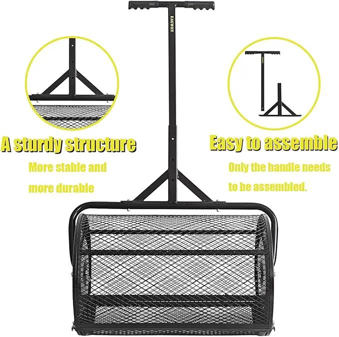 Compost Spreader, 24" Peat Moss Spreader, Roller Lawn Spreader with 3 Heights T Shaped Handle, Side Latches Powder Coated Steel Mesh Basket, Lawn & Garden Spreader for Spreading Manure Topsoil Black by GreenHaven Gardens