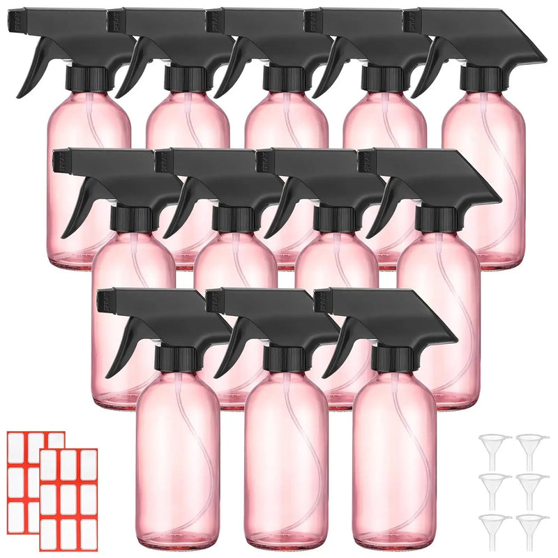 Norme 12 Pcs 8 oz Glass Spray Bottles with Funnels and Labels Refillable Cosmetic Empty Spray Bottles with Sprayer Containers for Essential Oil Cleaning Solutions(Pink,Classic) by GreenHaven Gardens