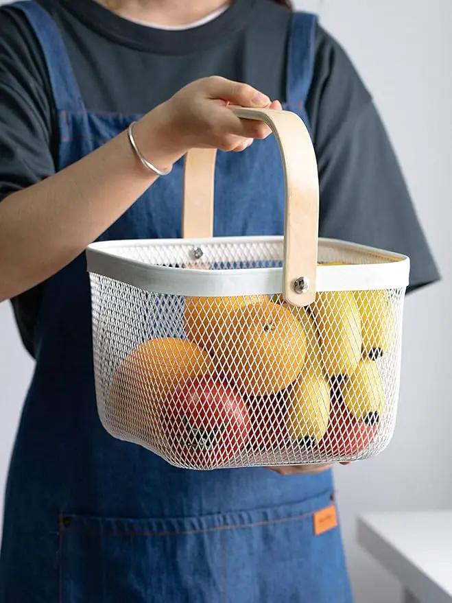 Metal Mesh Steel Basket, Storage Organizer Basket Multi-functional Hanging Kitchen Baskets Fruit Basket Bin with Bamboo Handle for Kitchen Bathroom Picnic Shopping Decor Cabinet Home, White by GreenHaven Gardens