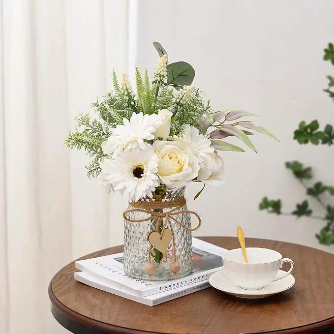 Artificial White Flowers with Vase, Fake Flowers Arrangement for Home Decor, Faux Flowers for Farmhouse Coffee Table Decor, House Kitchen Centerpiece Table Decorations by GreenHaven Gardens