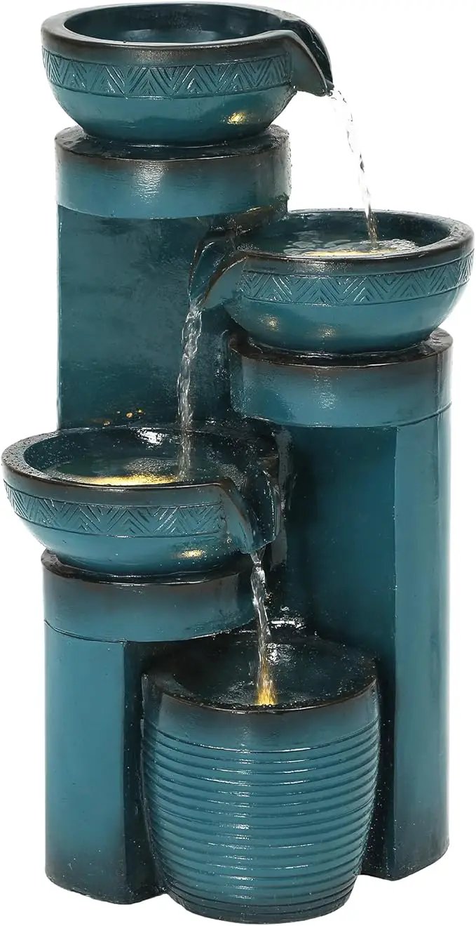 Autodaya 19.3" H Pedestal Outdoor Water Fountain with LED Lights and Pump, 4-Tier Cascading Water Feature, Tranuil Waterfall for Relaxing Garden, Patio, Yard, or Porch, Turquoise, Faux Ceramic Finish by GreenHaven Gardens