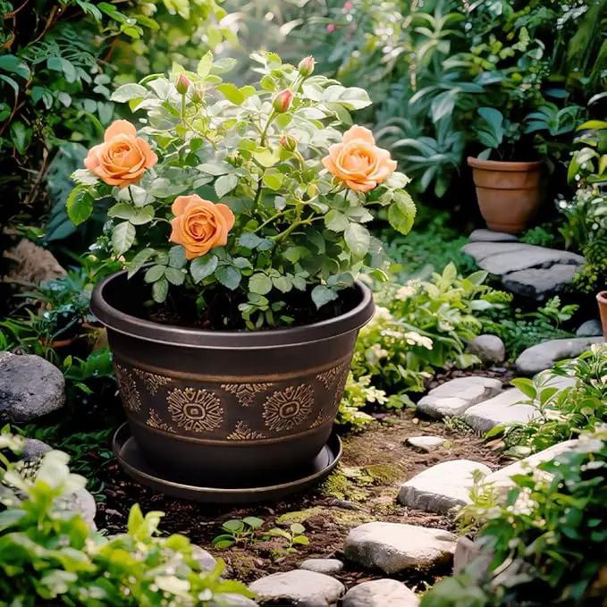 4 Pack 10 inch Plant Pots, Retro Pattern Planters with Drainage Holes and Saucer, Sturdy Plastic Garden Flower Pots for Indoor & Outdoor Plants by GreenHaven Gardens