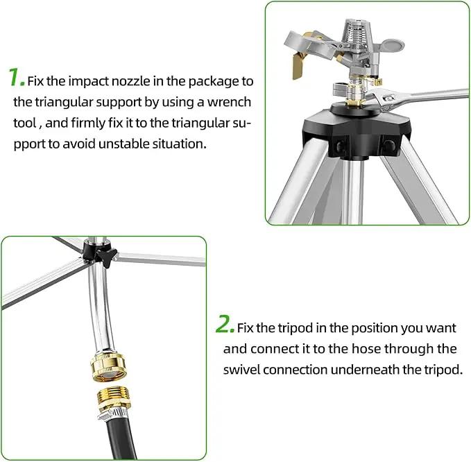 Brass Impact Sprinkler on Tripod Base, 50” Heavy Duty Metal Pulsating Telescoping Sprinkler, 360 Degree Irrigation for Large Area, Yard, Lawn, Waters up to 90ft, Covering up to 6360sqft by GreenHaven Gardens