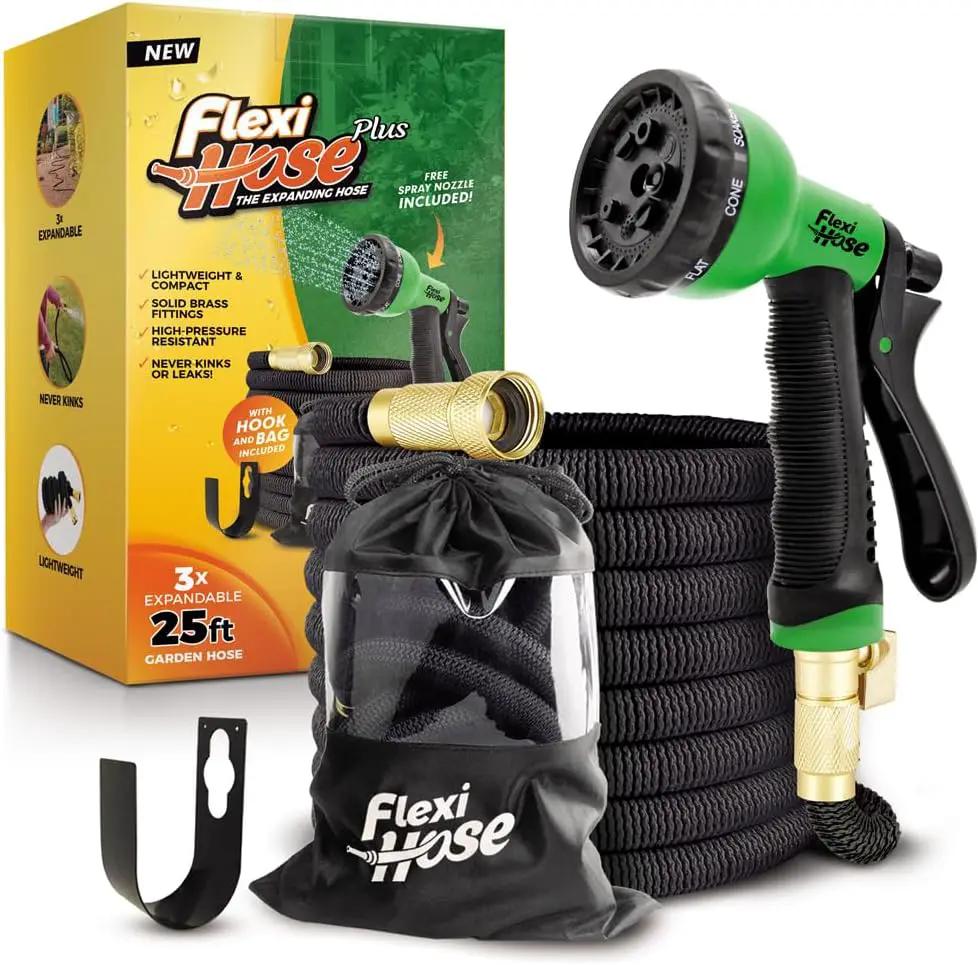 Flexi Hose PLUS with 8 Function Nozzle Expandable Garden Hose, Lightweight & No-Kink Flexible Garden Hose, 3/4 inch Solid Brass Fittings and Double Latex Core, 25 ft Black by GreenHaven Gardens