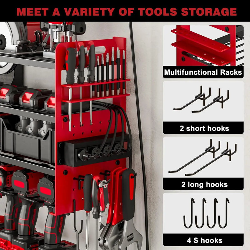 12 Cordless Drill Holder Large Power Tool Organizer Wall Mount with Side Pegboard & Screwdriver Holder, 4-Tier Heavy Duty Metal Tool Storage Rack with 4-Outlet Power Strip by GreenHaven Gardens