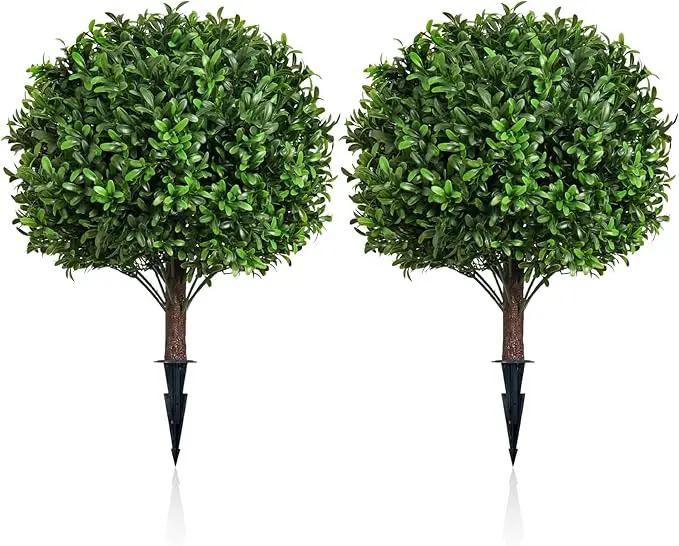 Artificial Olive Leaf Boxwood Topiary Ball Trees, Set of 2 UV Resistant 16in Outdoor Plants – Artificial Bonsai, Miniature Trees, Garden, Curb Appeal by GreenHaven Gardens
