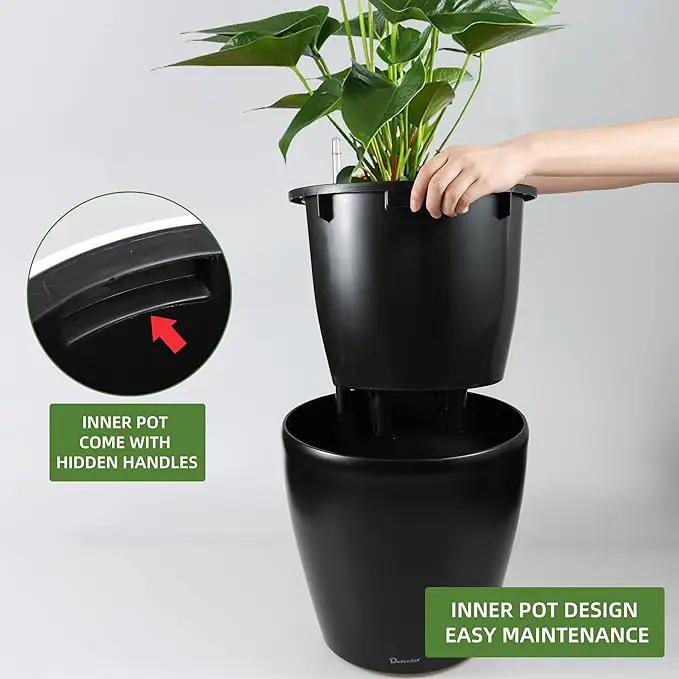 Dexceder 18x17 Self Watering Planter with Wheels Indoor Outdoor, Inner Pot Design, Thickened Large Floor Standing Flower Plant Pot with Water Level Indicator (Black Matte) by GreenHaven Gardens