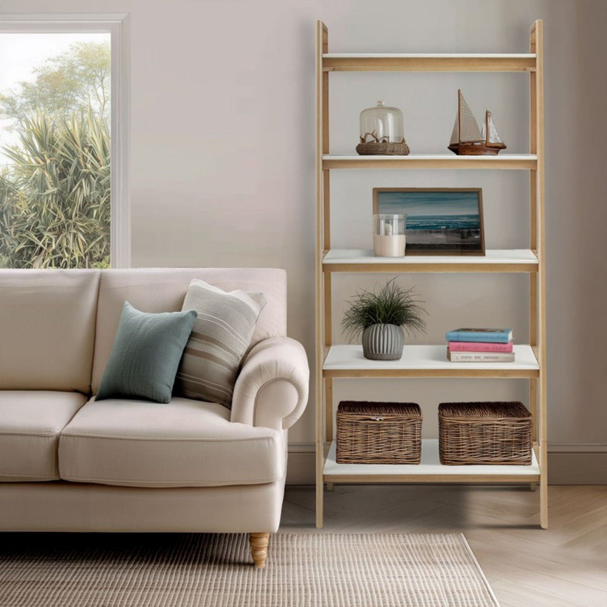 Off White & Natural Ladder Bookcase with 5 Shelves - Solid Wood Frame, photo 5 of 9