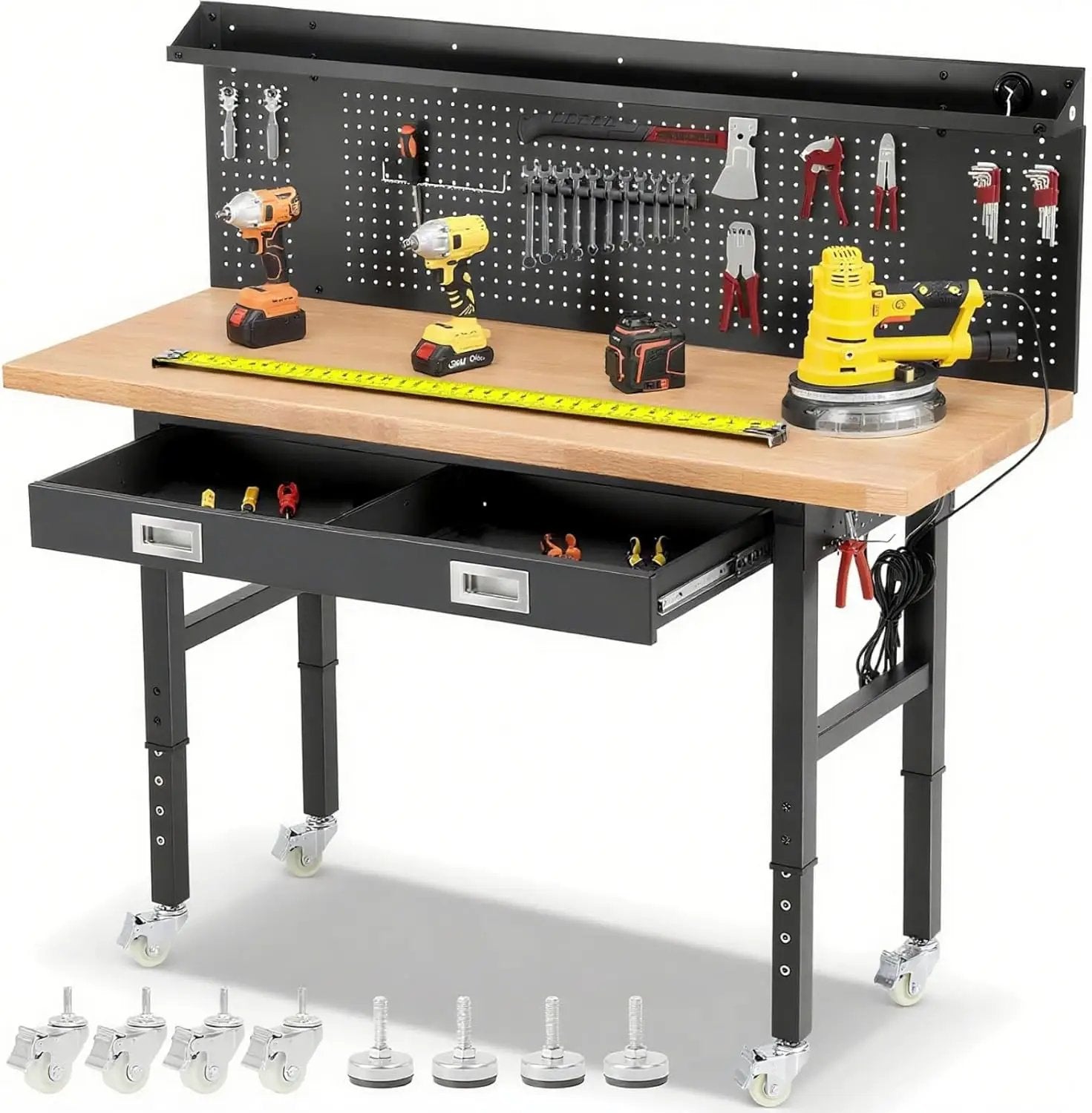 Work Bench with Wheels 60 x 22 Inch Heavy Duty Rubberwood Tabletop Work Table Adjustable Height Garage Workbench with LED, Drawers, Pegboard, Power Outlets for Woodworking Shop, Home, Office by GreenHaven Gardens