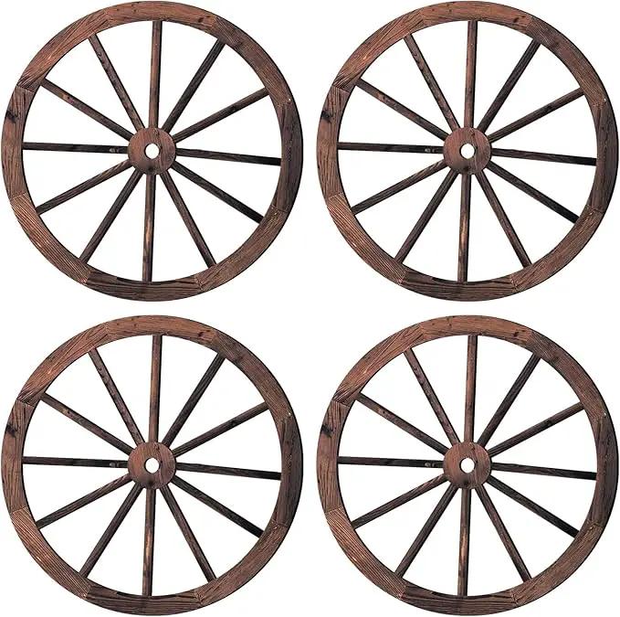 Qunclay 4 Pcs Wooden Wagon Wheel Wall Decor Old Western Wood Boho Wall Art Farmhouse Boho Wagon Wheels Rustic Yard Decor Wood Hanging Decorations for Garden Home Bar Garage (17.7 Inch) by GreenHaven Gardens