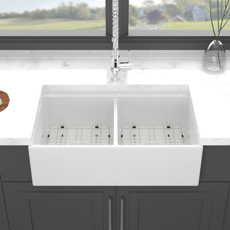 Farmhouse Sink Workstation 33" Ceramic Double Bowl Kitchen Sink With Ledges - White by HouseOfZazla