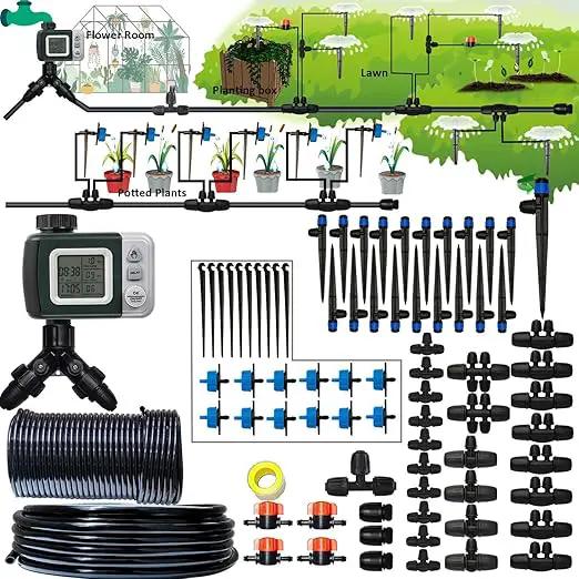 Drip Irrigation System with Water Timer 162ft Drip Irrigation Kit 5/16“ID and 1/4 Inch Pipe Auto Watering System for Garden Adjustable Spray, for Greenhouse, Garden, Lawn, Potted Plants Black by GreenHaven Gardens
