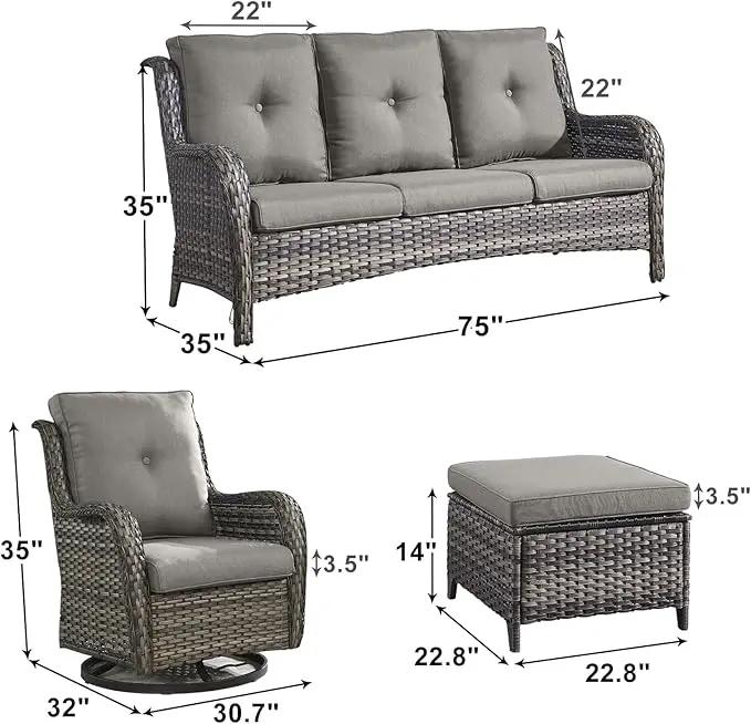 Outdoor Wicker Patio Furniture Set - 5 Piece Rattan Patio Conversation Set with 2 Rocking Swivel Chairs,2 Ottomans and 1 Sofa for Porch Deck Backyard Garden(Mixed Grey/Grey) by GreenHaven Gardens