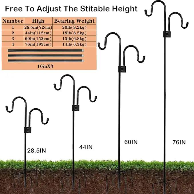 Double Shepherds Hooks For Outdoor 108 Inch, Heavy Duty Metal Bird Feeder Pole Stand With 5 Base Prongs, 28.5 To 108 Inch Adjustable Garden Holder For Hanging Plant, Wind Chimes, Wedding Garden Etc by GreenHaven Gardens
