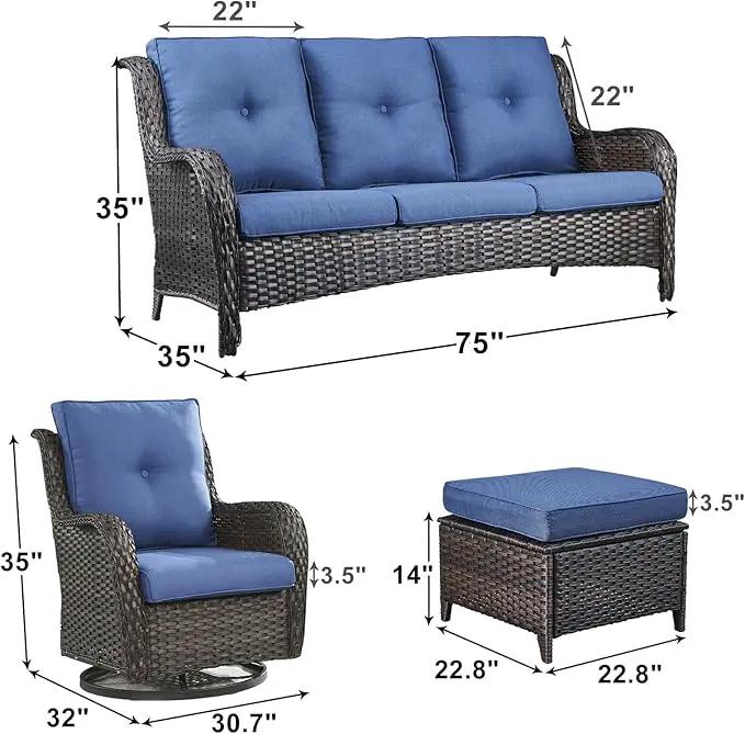 Outdoor Wicker Patio Furniture Set - 5 Piece Rattan Patio Conversation Set with 2 Rocking Swivel Chairs,2 Ottomans and 1 Sofa for Porch Deck Backyard Garden(Brown/Blue) by GreenHaven Gardens