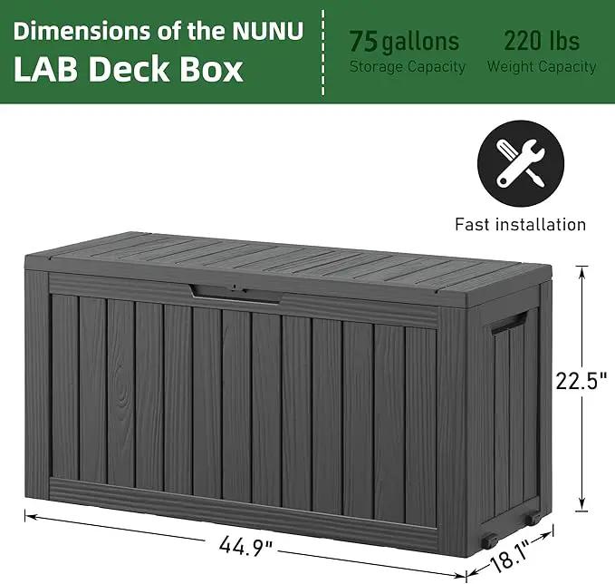 NUNU LAB 75 Gallon Outdoor Storage Box,Large Resin Sturdy Deck Box, Backyard Outside Storage Box Waterproof with Double Wall Panels,Package Delivery Garden Hose Storage Bin Outdoor Tool by GreenHaven Gardens