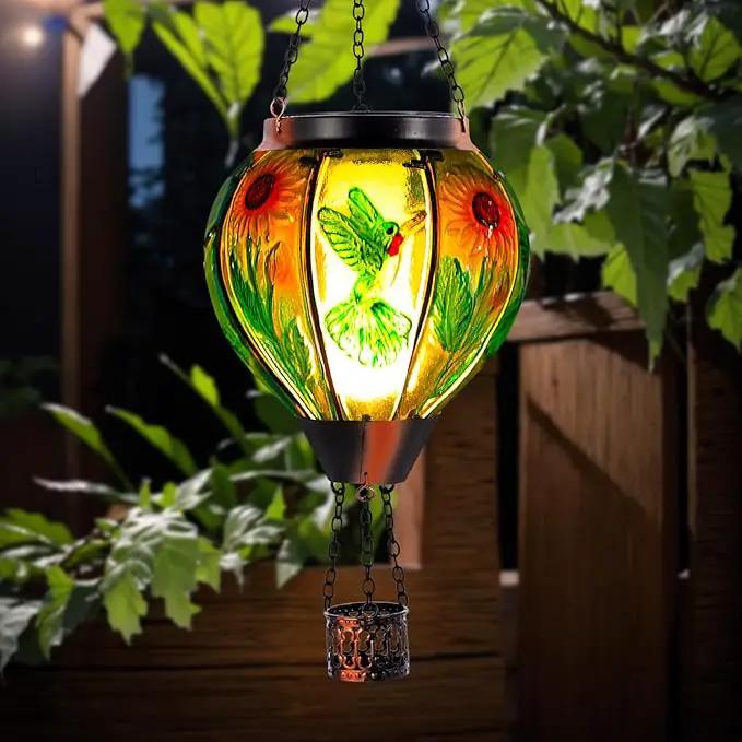 Hummingbird and Sunflower Solar Hot Air Balloon Lantern with Flame, Glass Hot Air Balloon Solar Lantern Outdoor Waterproof, Hanging Solar Lantern for Outside Garden Patio Tree Porch Yard by GreenHaven Gardens