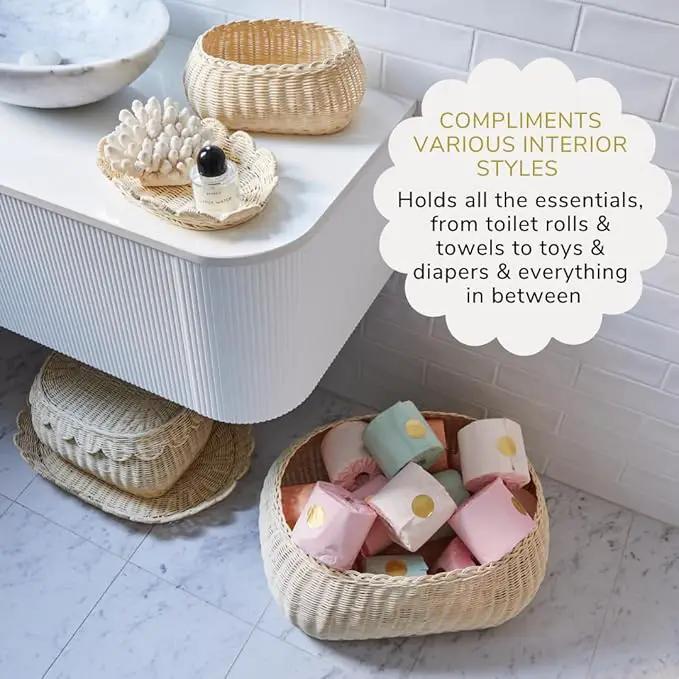 BEBE BASK Large Scalloped Basket Set Of 3 - Hand-Woven & Award-Winning Scallop Basket - XL - Extra Large for Blankets 22 x 16 x 10 In - Elegant Wicker With Scalloped Edge Lid (Natural) by GreenHaven Gardens