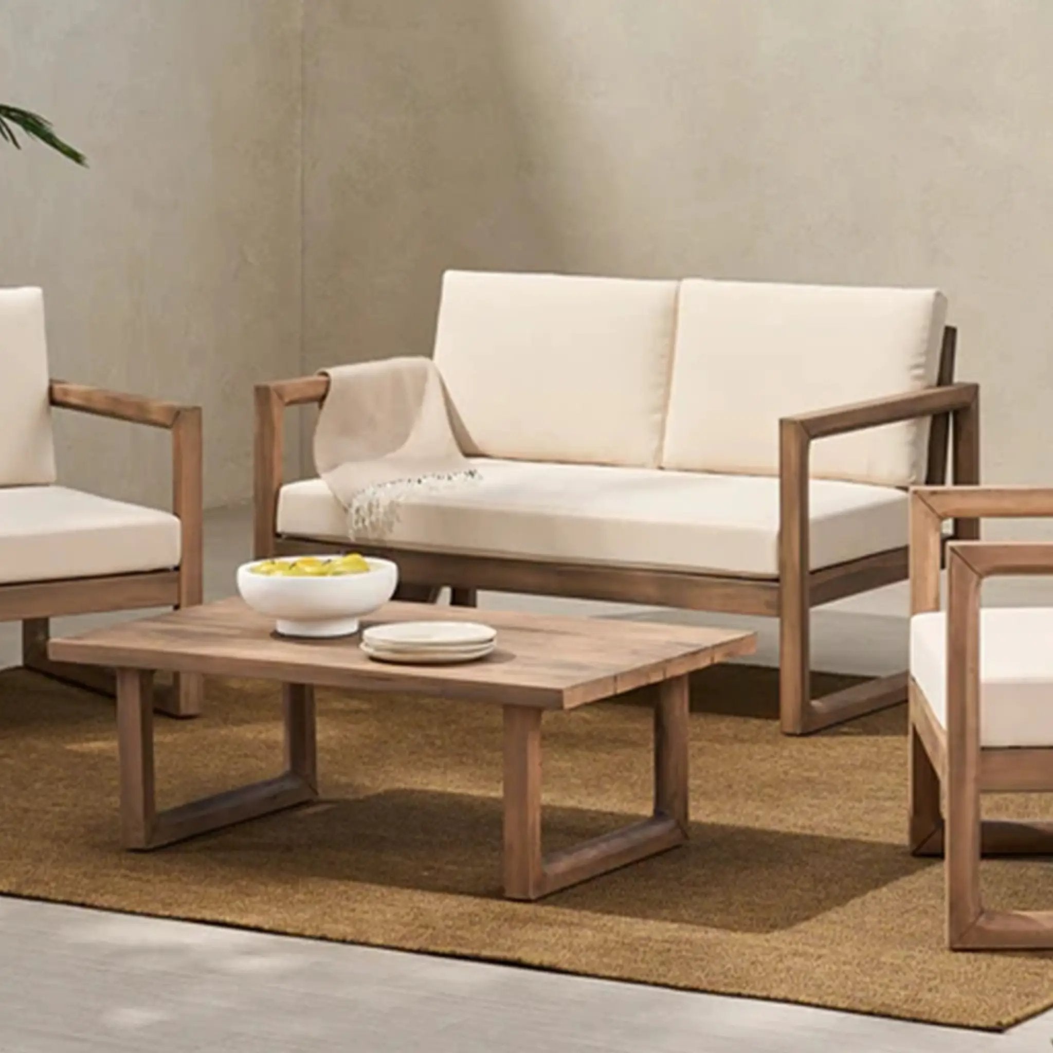 Outdoor Acacia Wood Loveseat and Coffee Table Set with Cushions by HouseOfZazla