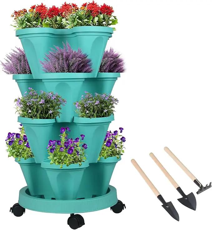 Vertical Planter 4 Tier Stackable Planters Garden Planters Strawberry Herb Flower and Vegetable Planter Indoor Outdoor Gardening Pots with Removable Wheels and Tools by GreenHaven Gardens
