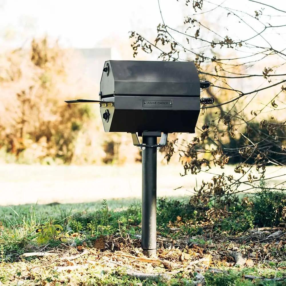 Ash & Ember Park-Style Grill/Smoker, 260 Sq In Charcoal Grill with Cover, 17.5"x11.5" Grate, Side Shelf for Food Prep, Single Post Permanent Park-Style Grill for Outdoor Backyard BBQ by GreenHaven Gardens
