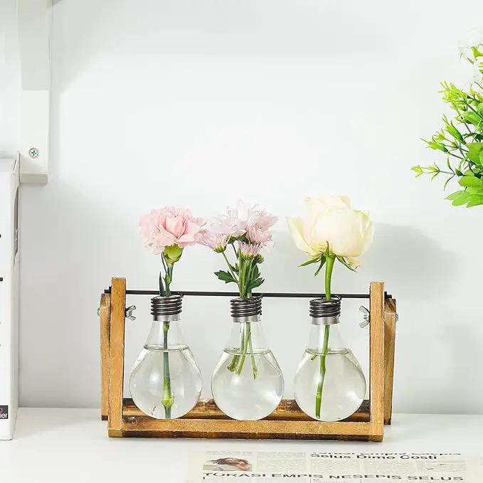 Marbrasse Plant Propagation Stations with Wooden Stand, Desktop Plant Terrarium Holder Bulb Vase, Glass Vase Container with Metal Swivel Holder for Hydroponics of Home Garden Office Decor Lover Gifts by GreenHaven Gardens