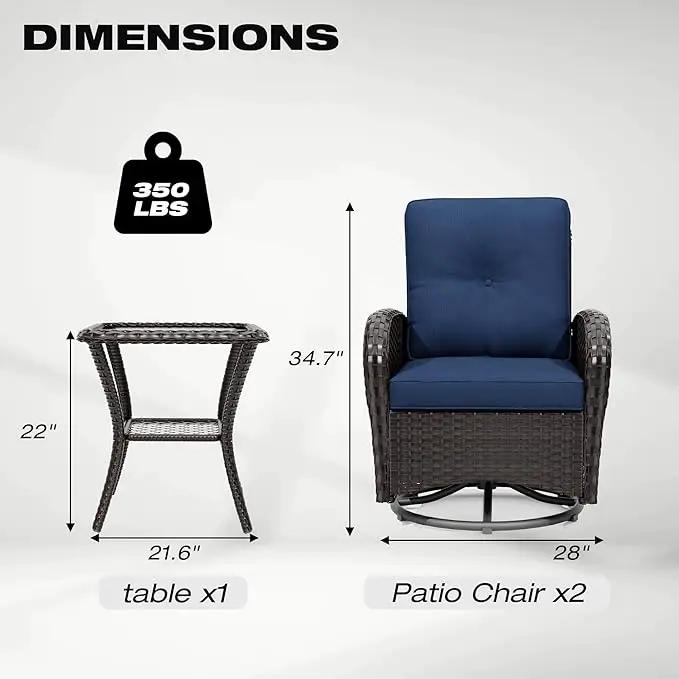 Joyside Outdoor Swivel Rocker Chairs, 3 Piece Wicker Patio Set with Thick Cushion and Side Table, Rattan Patio Swivel Rocking Chairs for Porch, Deck Use (Brown/Blue, 3 PCS) by GreenHaven Gardens
