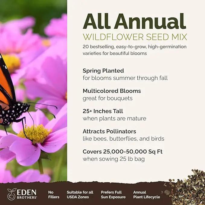 Eden Brothers All Annual Wildflower Mixed Seeds for Planting, 25 lb, 12,00,000+ Seeds with Sunflower, Indian Blanket, Scarlet Flax, Attracts Pollinators, Plant in Spring, Zones 3, 4, 5, 6, 7, 8, 9, 10 by GreenHaven Gardens