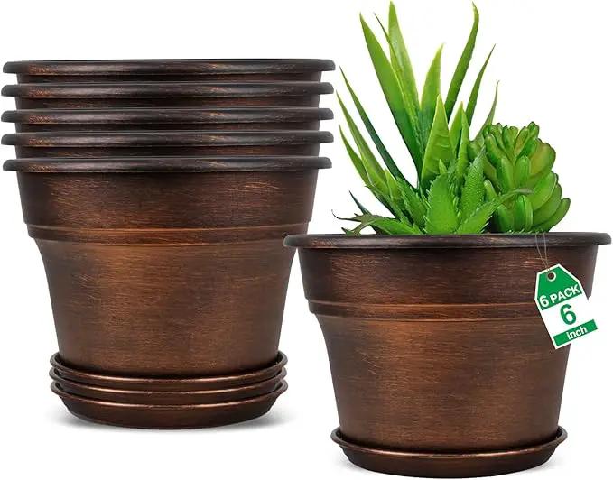 Plant Planters Pots Set of 6 Pack 6 Inch, Plastic Flower Pot for Indoor Plants with Drainage Holes & Trays, Resin Decorative Container Sets with Saucer for House Outdoor Garden Planters Dark Gold by GreenHaven Gardens