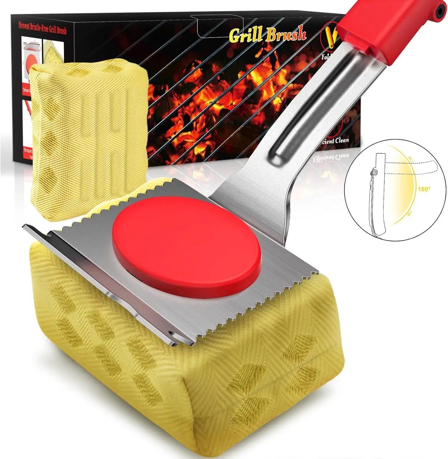 Grill Brush Bristle Free, BBQ Grill Brush for Outdoor Grill, Safe Steam Grill Cleaning Brush with Scraper, Replacement Sponge Heads, Non Metal Bristles for Cast Iron, Stainless-Steel Grates by GreenHaven Gardens