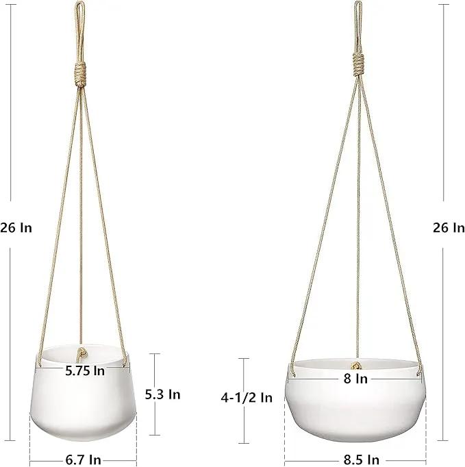 Mkono Ceramic Hanging Planter of Shallow 8 Inch and Deep 6 Inch for Indoor Outdoor Plants, Set of 2 Modern Plant Pot Geometric Porcelain Hanging Basket with Polyester Rope Hanger by GreenHaven Gardens
