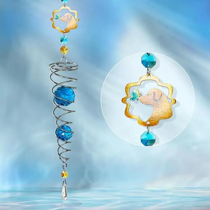 FONMY Dog Gazing Ball Spiral Tail Wind Spinner Sun Catcher Rainbow Maker Silver Double-Spiral W/Blue K9 Crystal Ball Tree Hanging Ornament Indoor Outdoor Garden Decor. -19.5inch H by GreenHaven Gardens