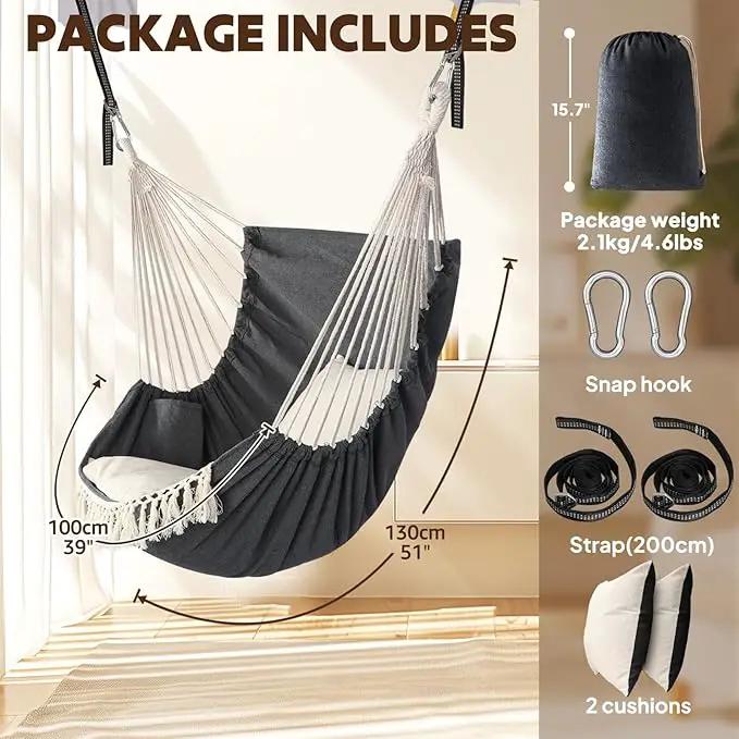 Chihee Hammock Chair Hanging Swing 2 Pillows Included,Strong Webbing Straps and Hooks for Easy Hanging Soft Cotton Hanging Chair Side Pocket Tassel Chair Comfort Indoor Outdoor Dark Grey by GreenHaven Gardens