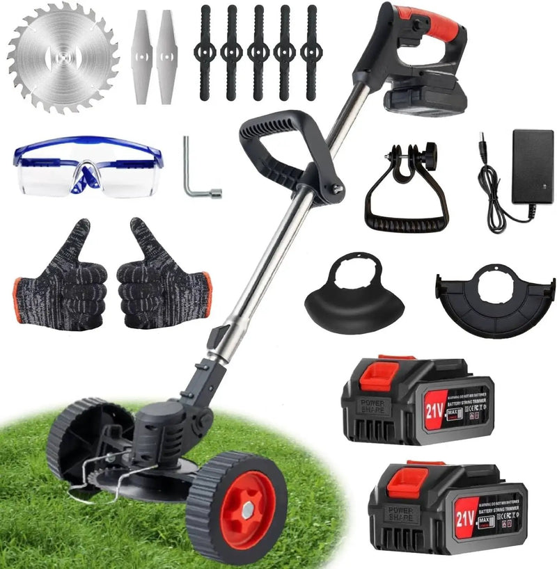Electric Weed Wacker with Wheel, 21V Cordless Weed Eater with 2 x Batteries & 1 Charger, 3 in 1 Grass String Trimmer/Brush Cutter/Edger, Stringless Lightweight Weed Trimmer for Garden, Yard and Lawn by GreenHaven Gardens