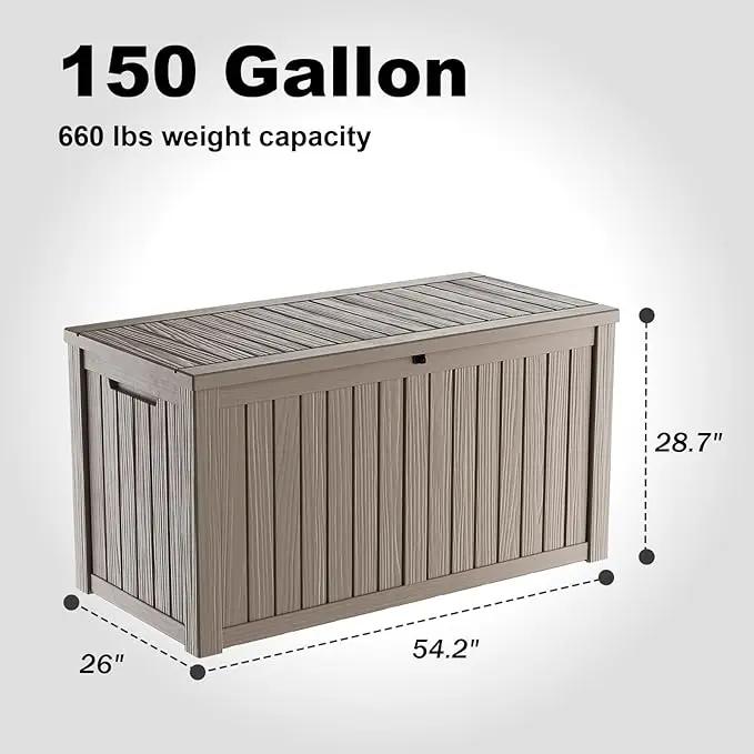 150 Gallon Deck Box,Resin Outdoor Storage Box with Lockable for Patio Furniture, Pool Accessories, Garden Tools Waterproof Outside Storage Box, Grey by GreenHaven Gardens