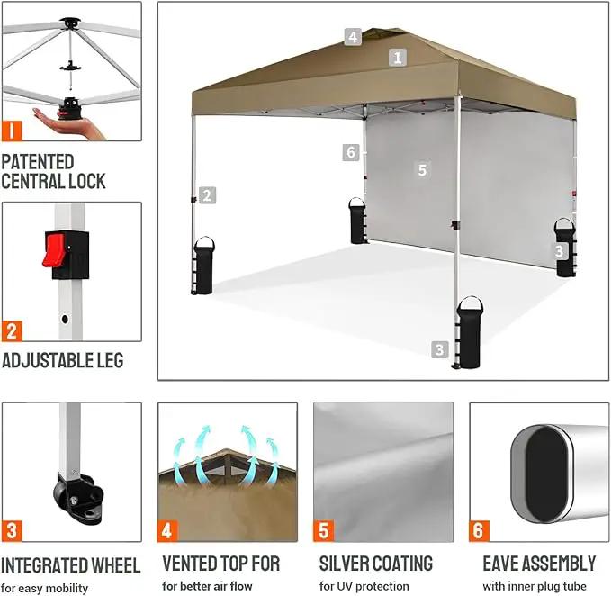 CROWN SHADES 10x10 Pop Up Canopy with 1 Side Wall - Beach Tent with One Push Setup - Outdoor Sun Shade for Events, Parties, Camping - Gazebo with STO-N-Go Cover Bag (Beige) by GreenHaven Gardens