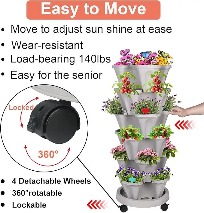 Vertical Planter, 6 Tier Stackable Strawberry Planter with Garden Tool Set, Movable Indoor/Outdoor Garden Herb Pot for Growing Vegetables and Succulents, Gray by GreenHaven Gardens