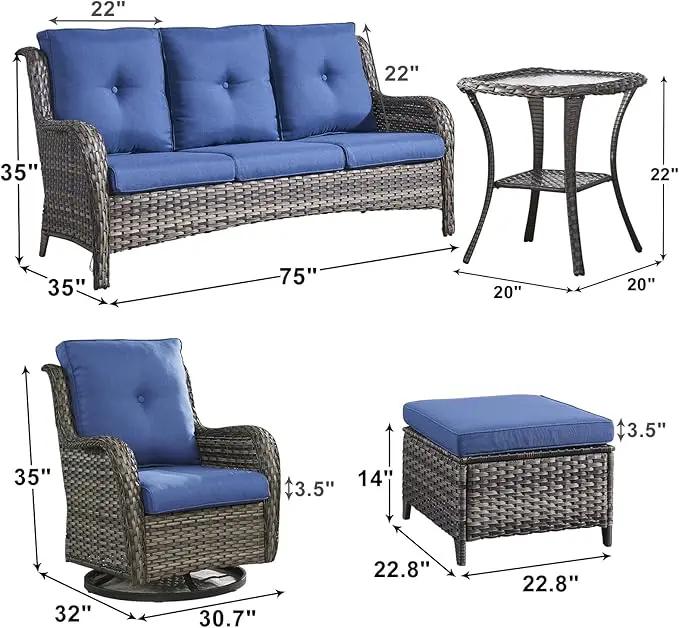 Outdoor Wicker Patio Furniture Set - 6 Piece Rattan Patio Conversation Set with 2 Rocking Swivel Chairs,2 Ottomans,1 Sofa and 1 Side Table for Porch Deck Backyard Garden(Mixed Grey/Blue) by GreenHaven Gardens