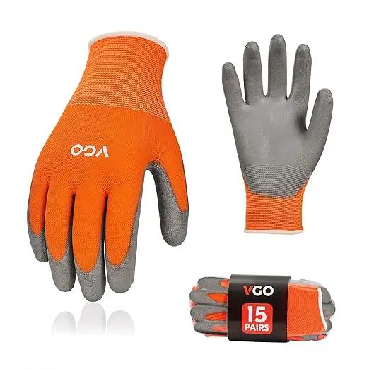 Vgo... 15-Pairs Safety Work Gloves, Gardening Gloves, Polyurethane Coated, Dipping Gloves, Latex Free (Size M,Orange, PU2103) by GreenHaven Gardens