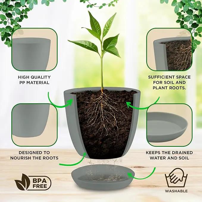 Planter Pots with Drainage Holes - Lightweight, Durable & Space-Saving Pots for Indoor and Outdoor - Versatile Functionality, Simple Modern Design, Set of 5 Plastic Planter Pots - Gray by GreenHaven Gardens