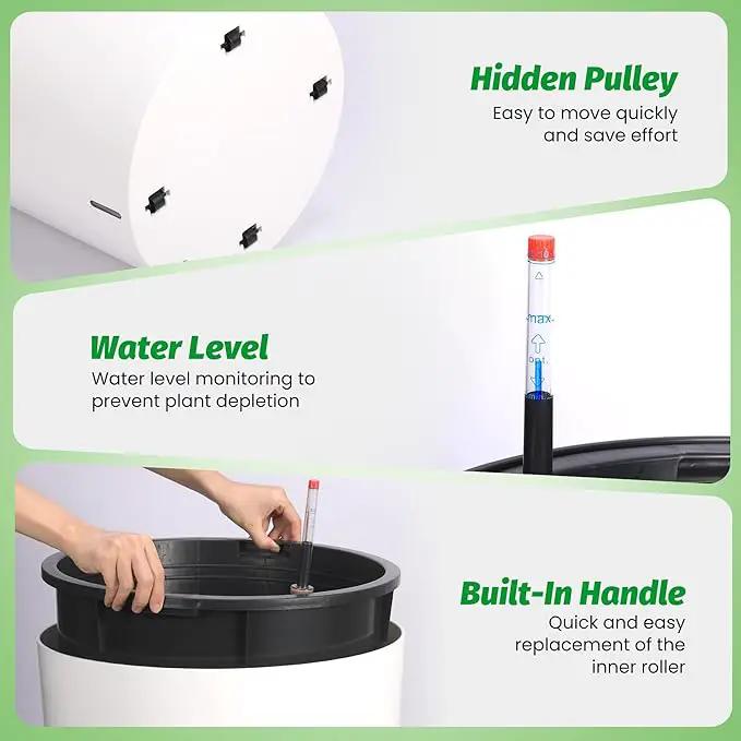 Tall Round Planter Set of 2, 19.5‘’ H x 19.9" Dia Large Planters for Indoor Plants with Built-in Drainage and a Water Level Monitor and Wheels for Patio, Porch, Living Room, or Home Office, White by GreenHaven Gardens